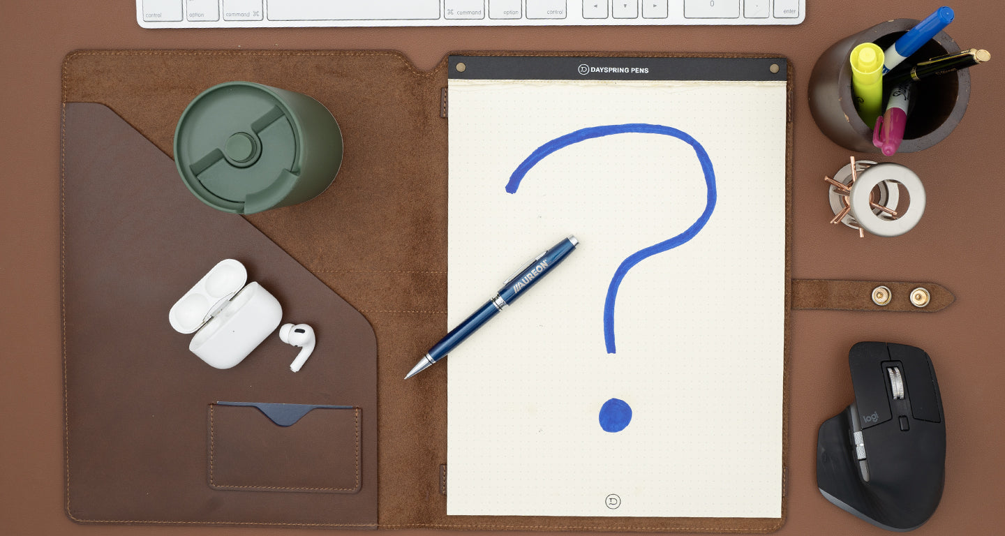 Dayspring Leather Padfolio with a question mark and a Cross Coventry Blue ballpoint